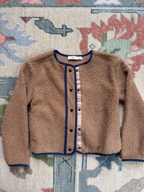 Vineyard Vines Camel Teddy Fleece Jacket with Navy Trim